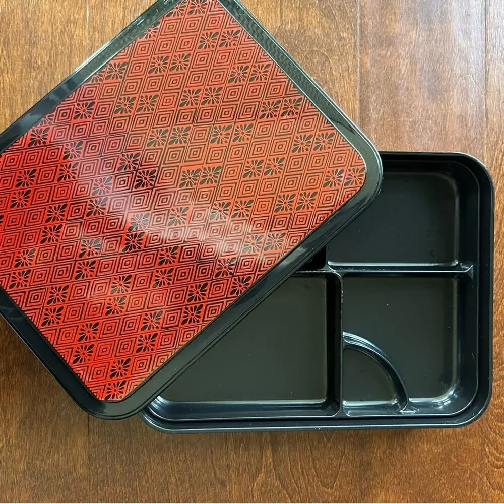 Japanese Bento Box, Black & Red Geometric Pattern, Nice Big Size For Adult Meal